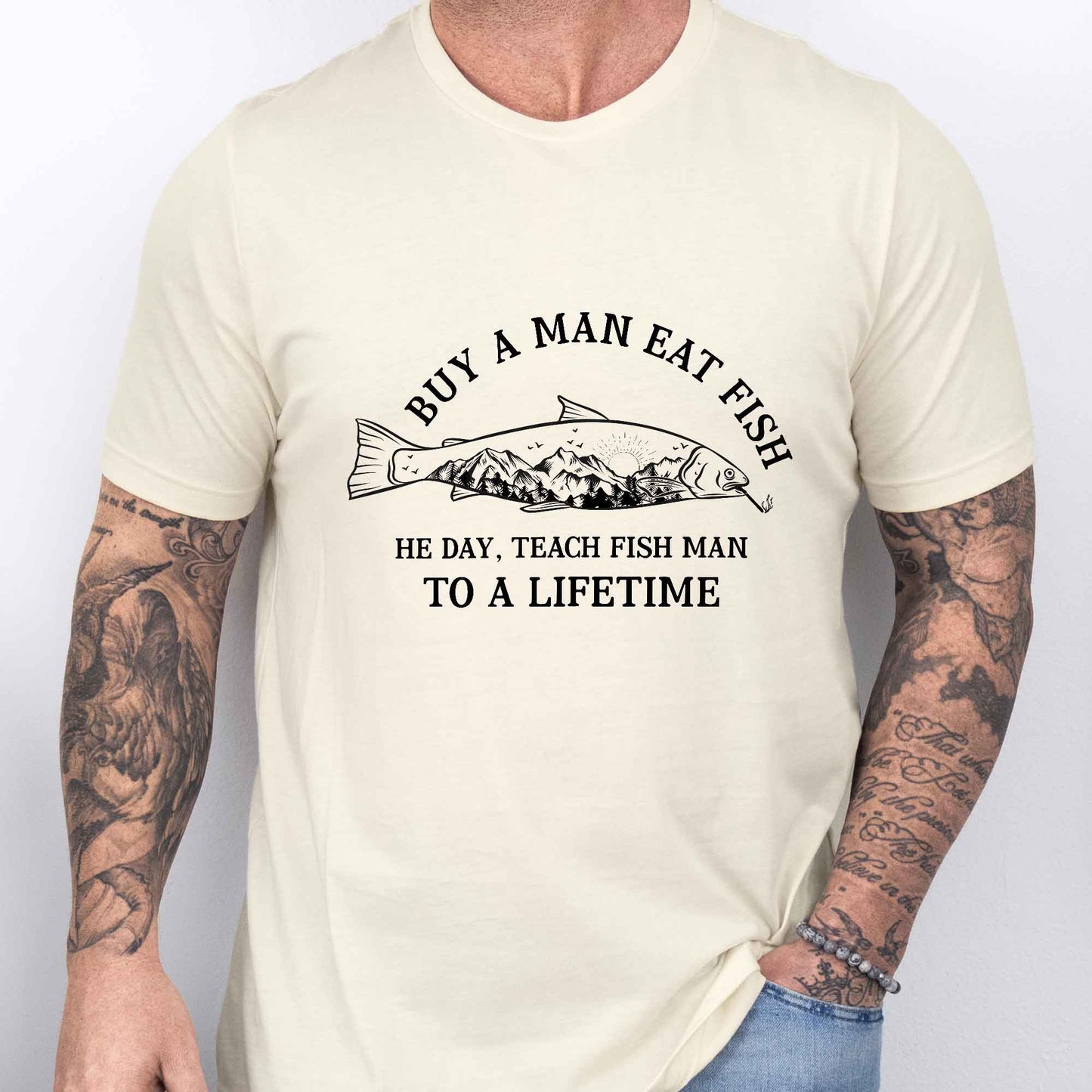 Buy A Man Eat Fish Tee, T-shirt Gifts For Dad, Father's Day Tee VTM18DNV